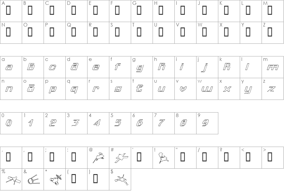 spuknik outline font character map preview