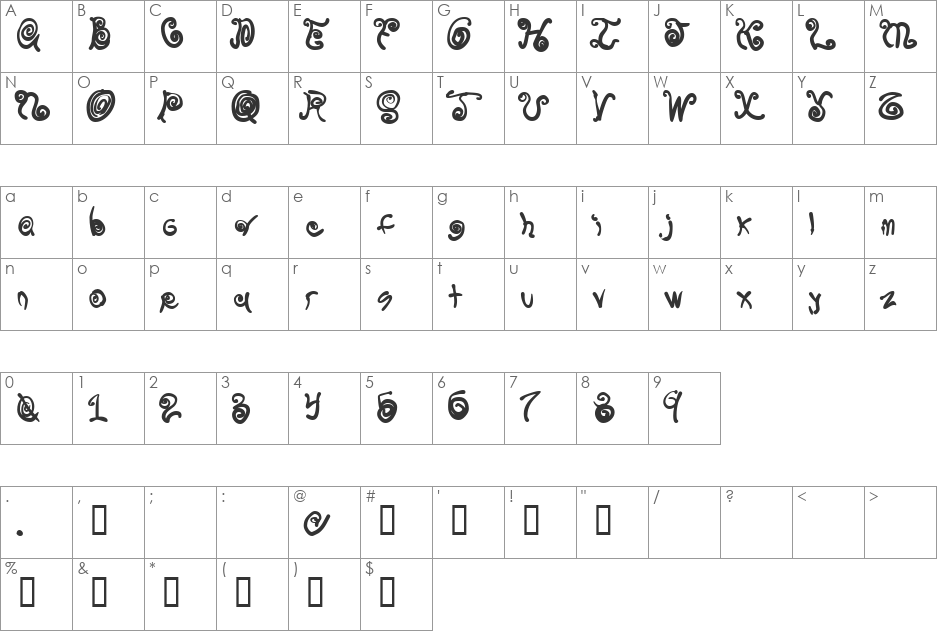 Spurly Curly font character map preview