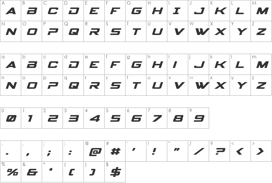Spy Agency Expanded Italic font character map preview