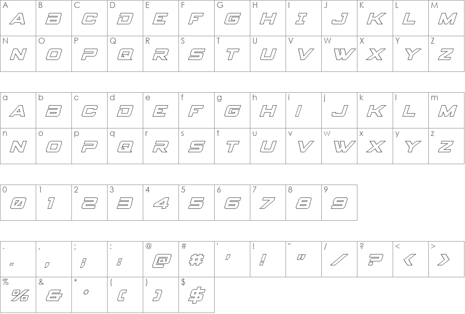 Spy Agency Outline Italic font character map preview