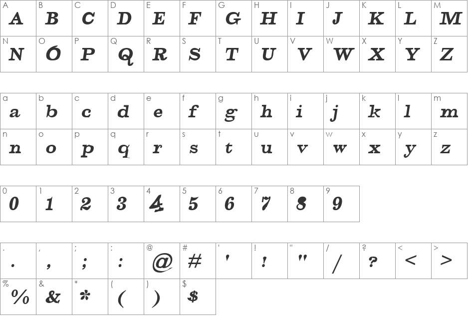 Squirt-Italic font character map preview