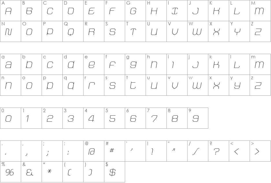 StakLight Oblique font character map preview