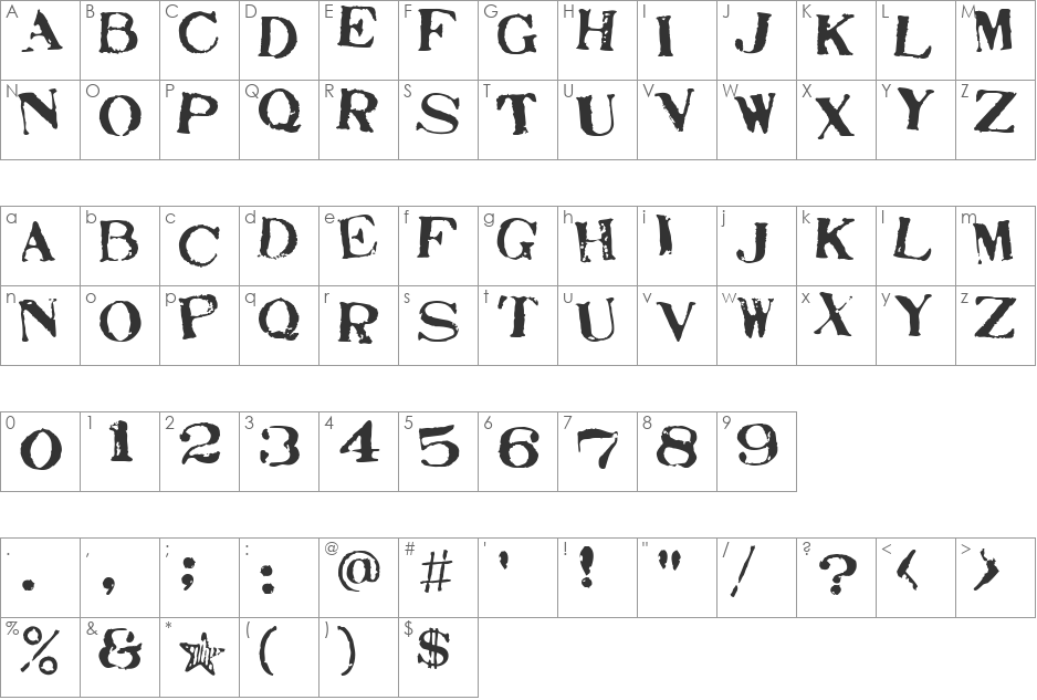 Stamp Act Jumbled font character map preview