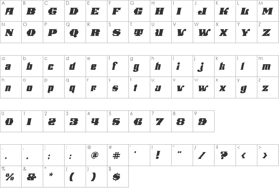 Stampede Italic font character map preview