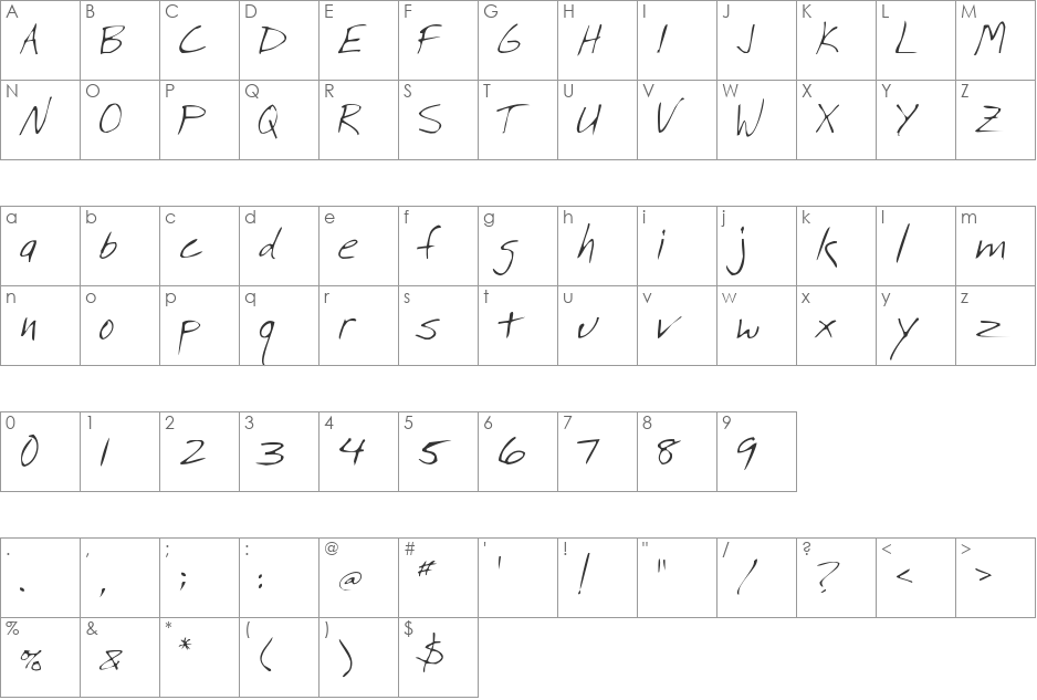 Stan's Hand font character map preview