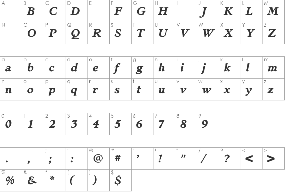 StanhopeBoldItalic font character map preview