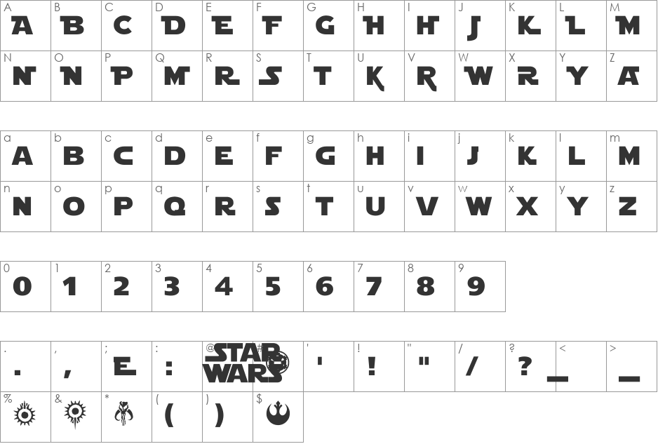 Star Jedi font character map preview