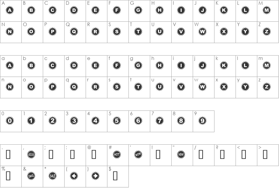 Starbats font character map preview