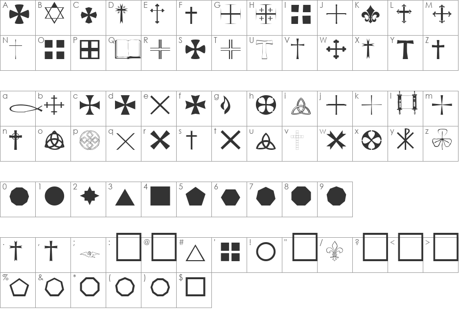 StarCross Religious font character map preview