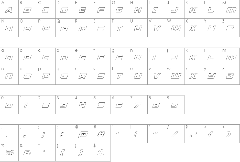 Starduster Shadow Italic font character map preview