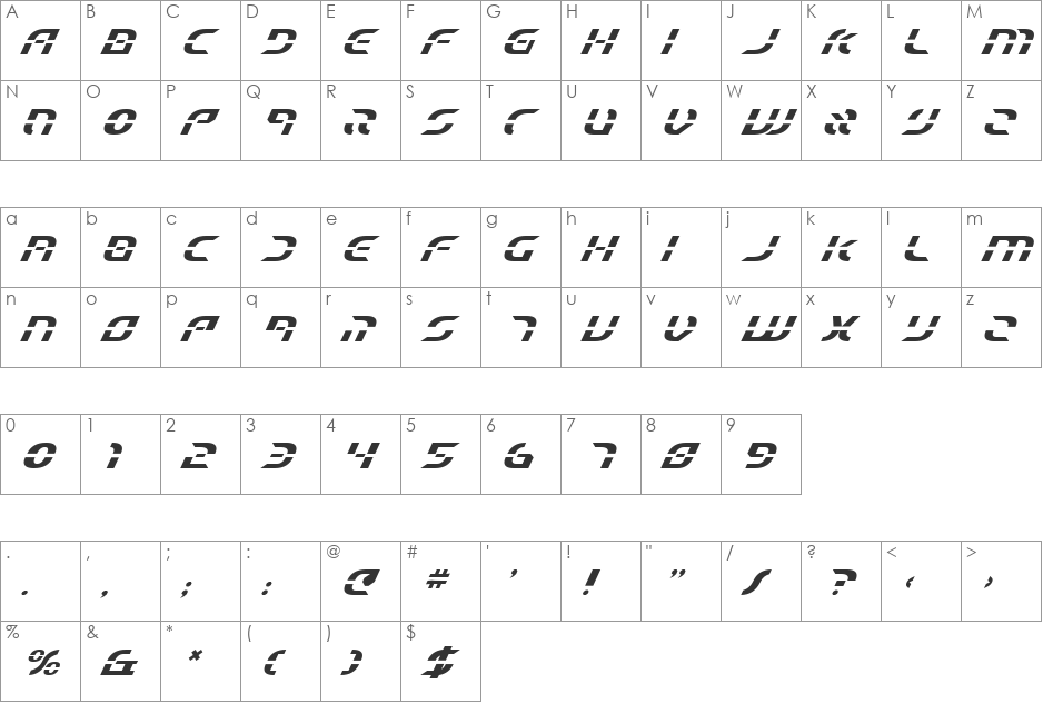 Starfighter Beta Italic font character map preview