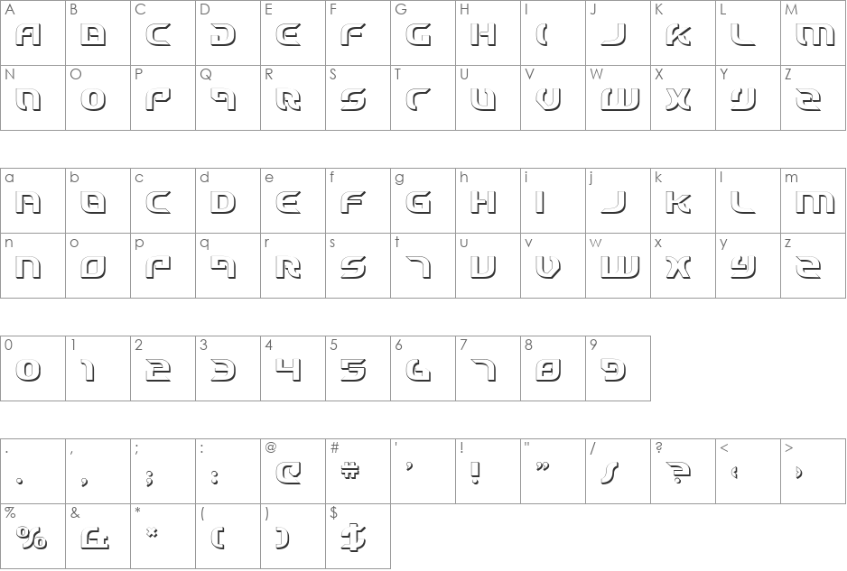 Starfighter Cadet 3D font character map preview