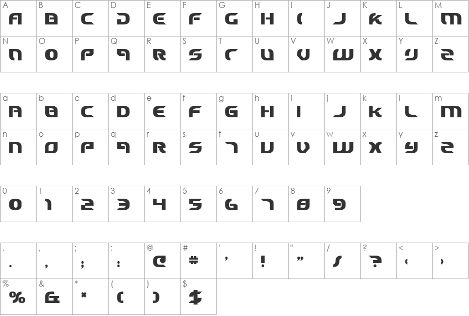 Starfighter Cadet Bold font character map preview