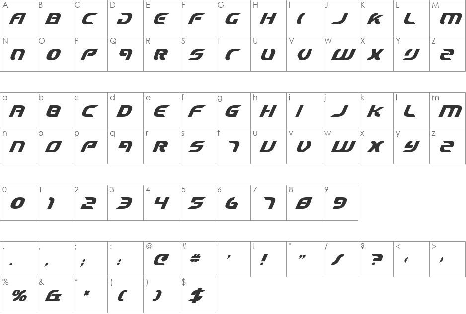Starfighter Cadet Bold Italic font character map preview