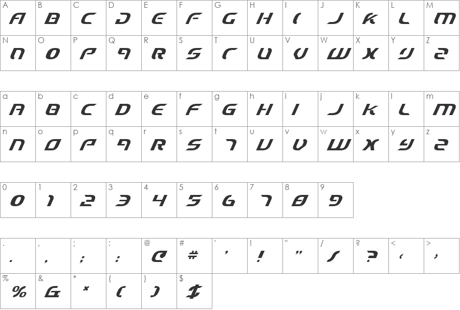 Starfighter Cadet Italic font character map preview