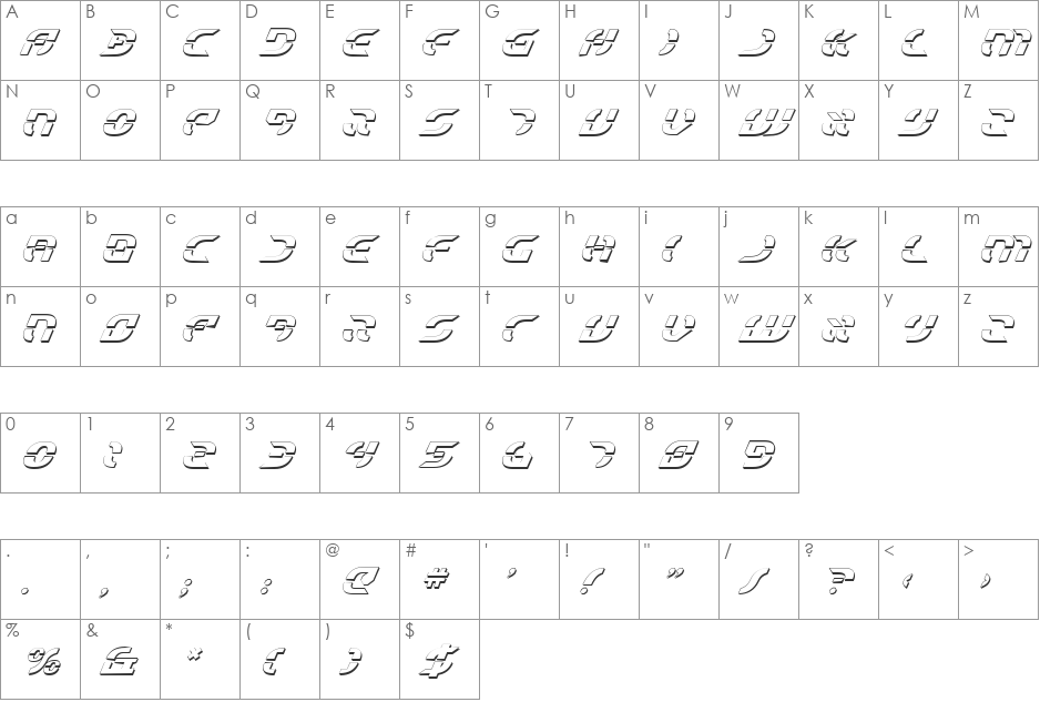 Starfighter Shadow Italic font character map preview