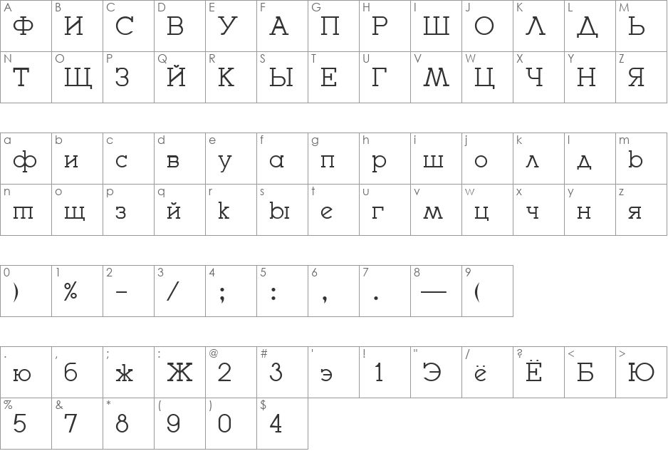 Stargorod font character map preview