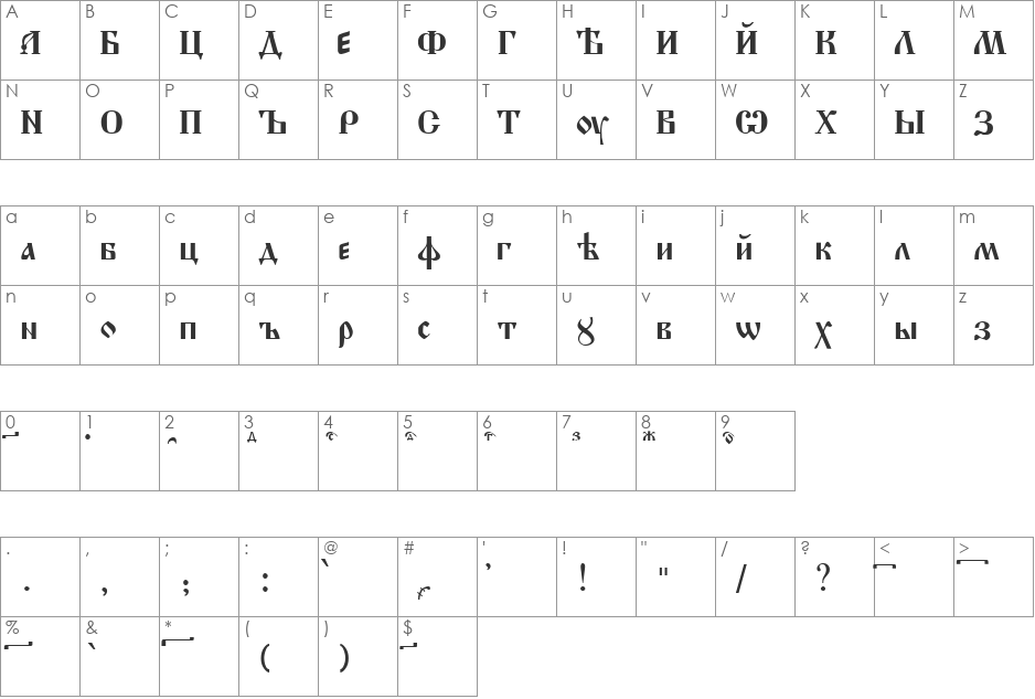 Starosl font character map preview