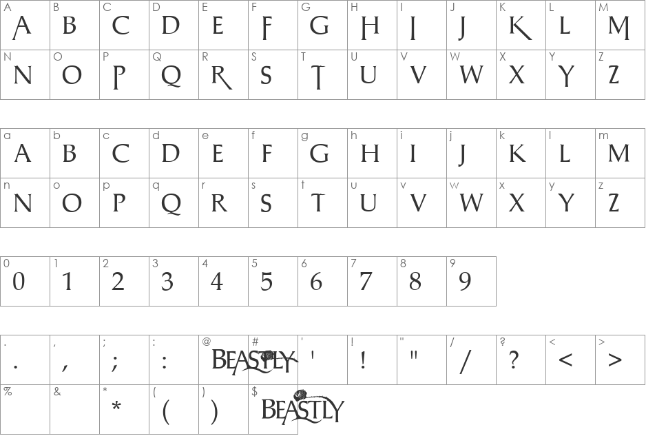 BEASTLY font character map preview