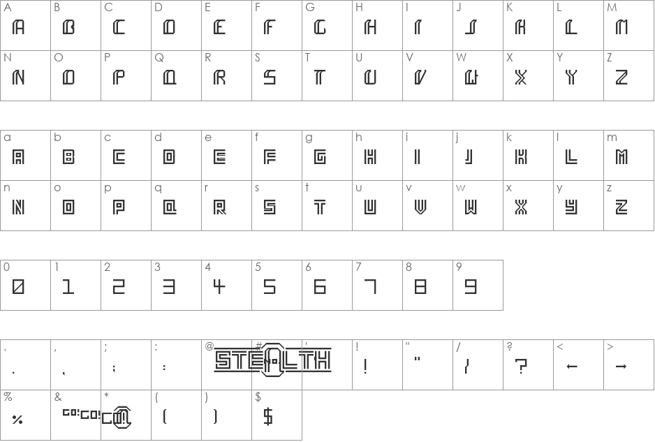 Stealth (Ride) font character map preview