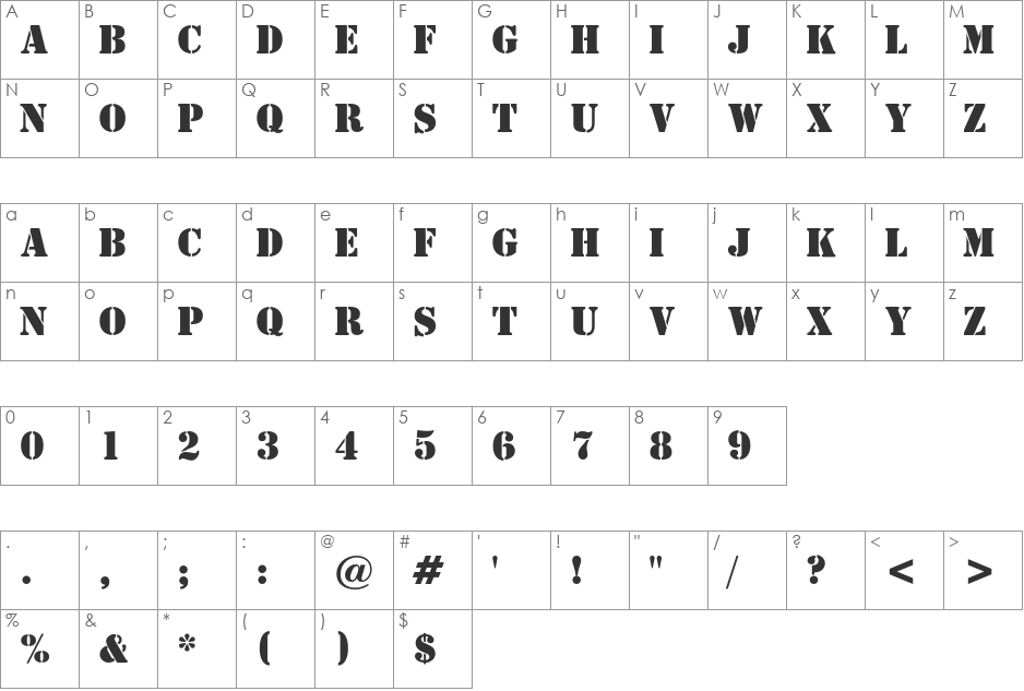 Stencil font character map preview