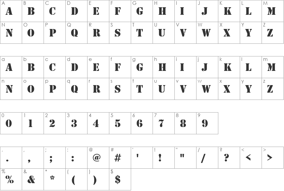 Stencil DB font character map preview