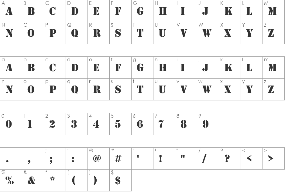 StencilD font character map preview
