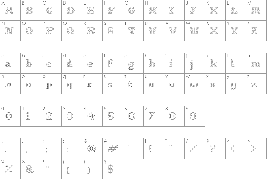 StitchCross font character map preview