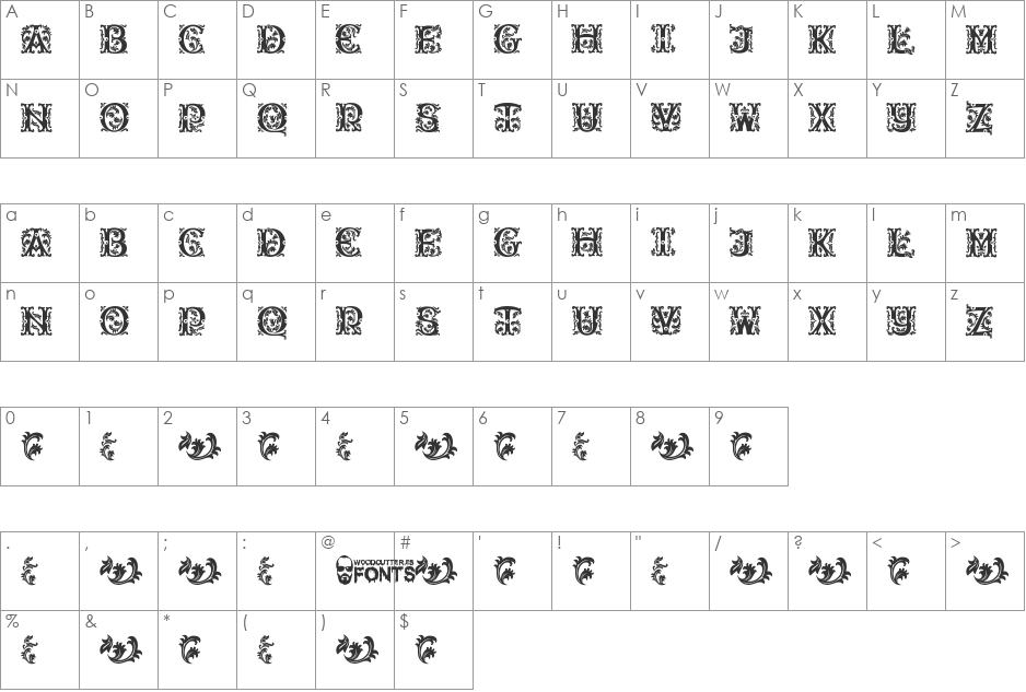 Beauty Initials font character map preview
