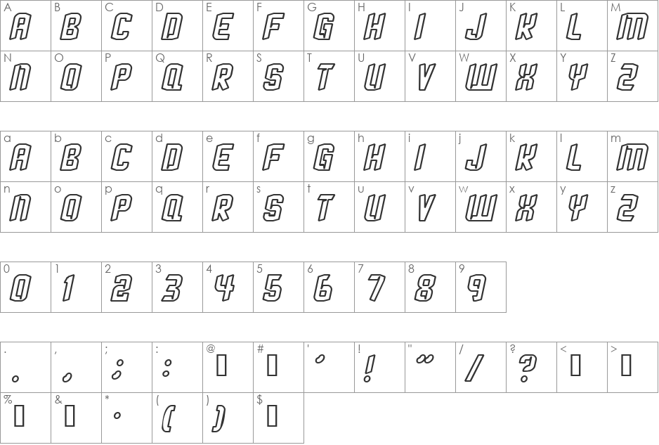 StrangePhenomena Outlined font character map preview