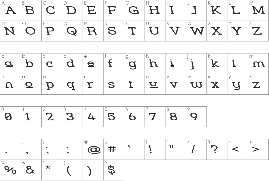 Street Slab Upper - Wide Rev font character map preview