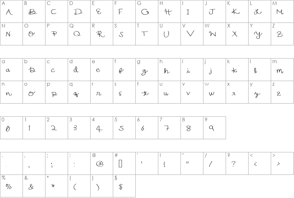 Bec's Hand font character map preview