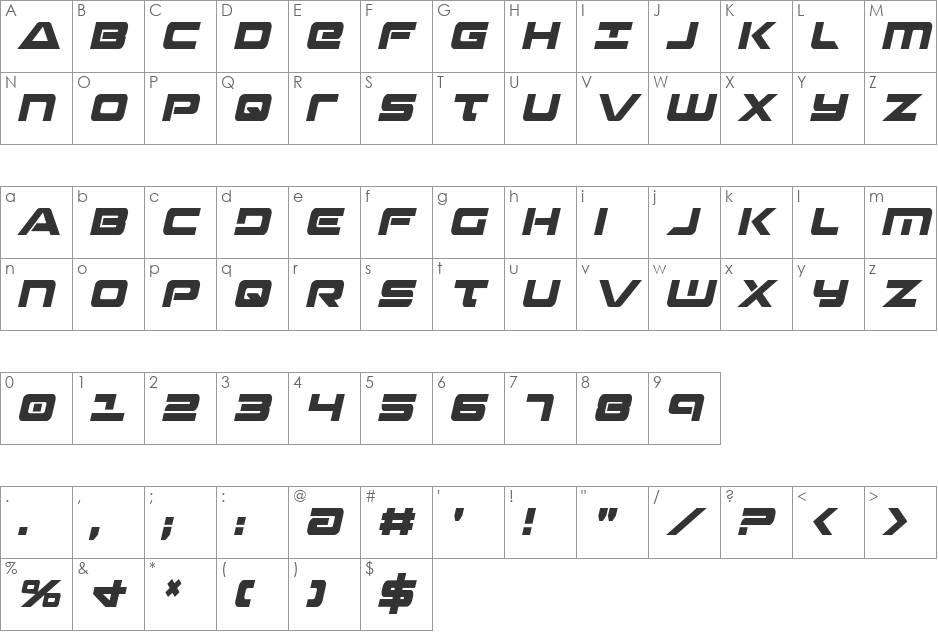 Strikelord Condensed Italic font character map preview