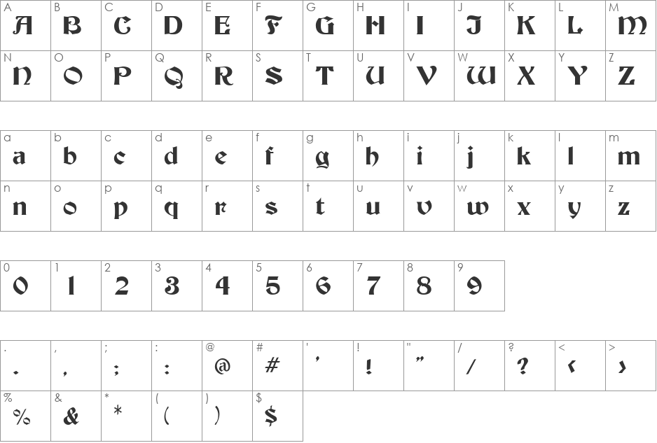 Becker font character map preview