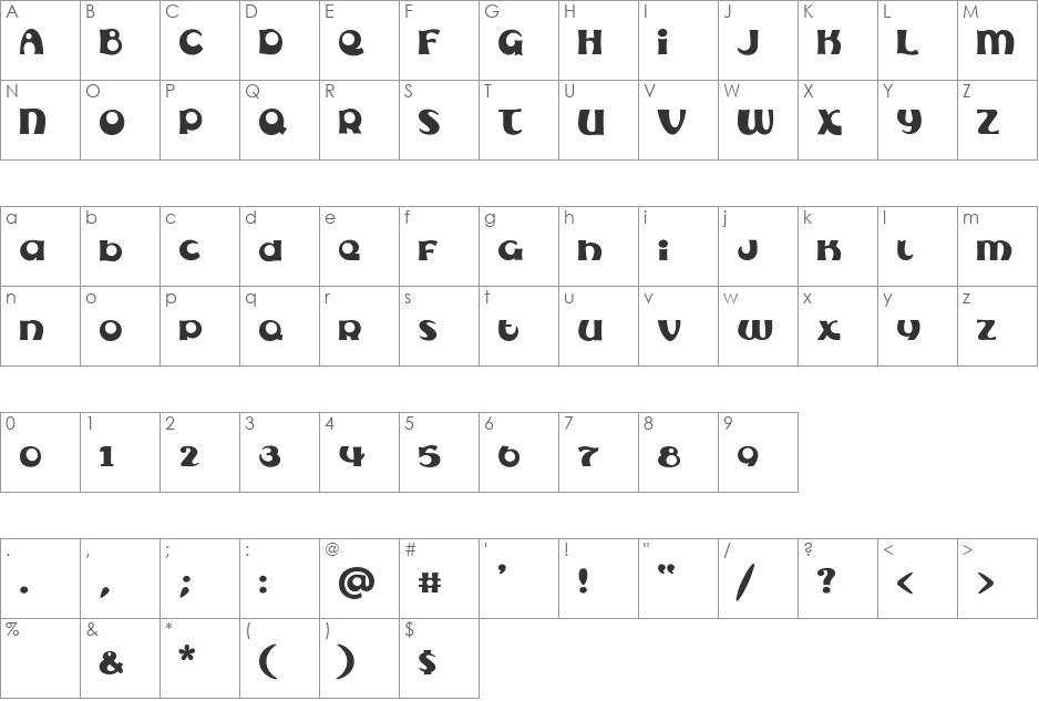 Subelair font character map preview