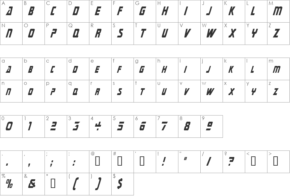 SubmarineCondensed font character map preview