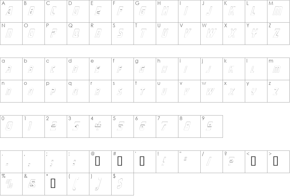 SubmarineCondensedOutline font character map preview