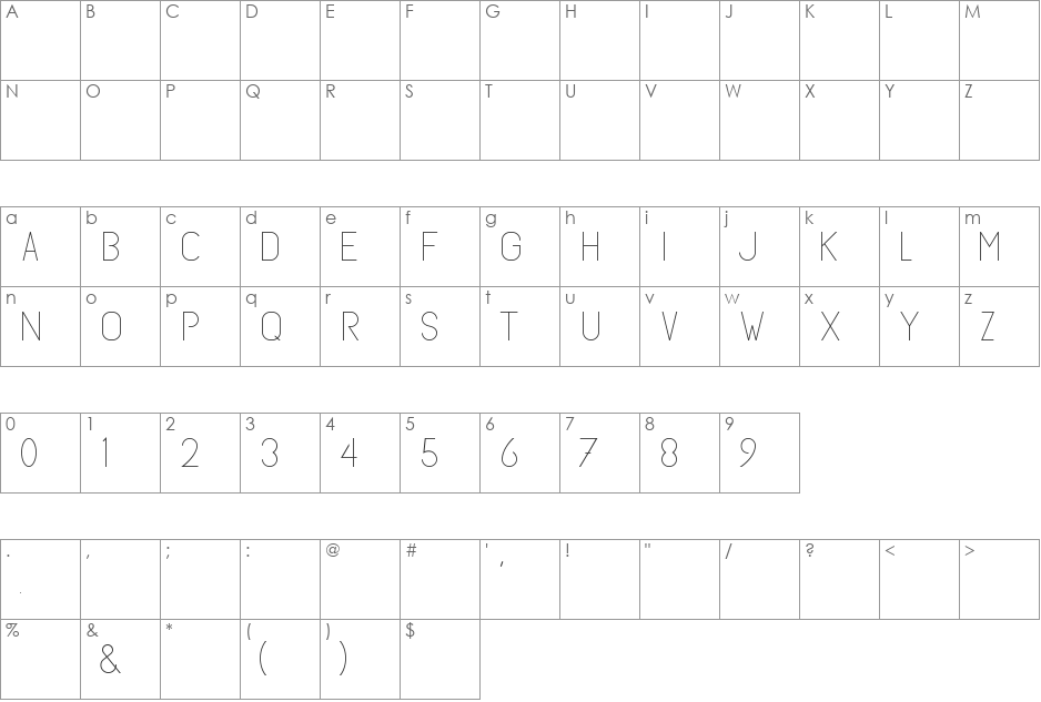 SubtleSansLight font character map preview