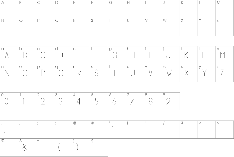 SubtleSansUltraLight font character map preview