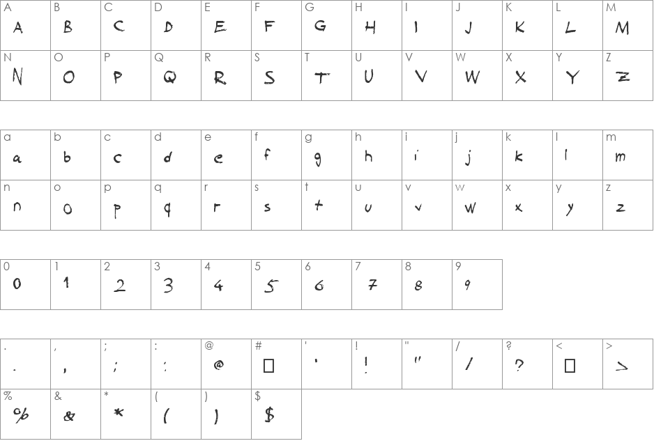 Sucked Dry font character map preview