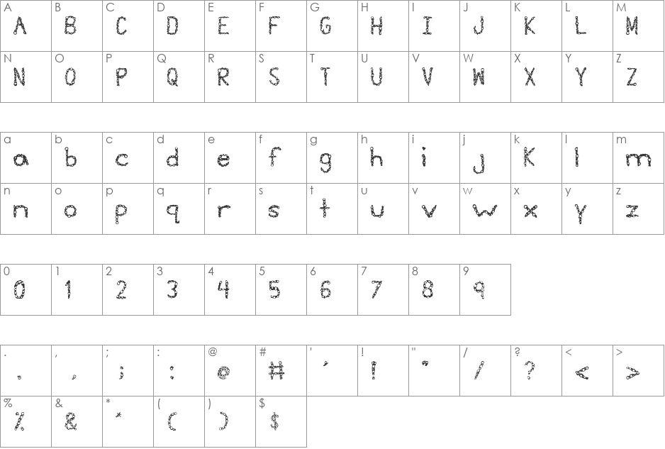 Suds font character map preview