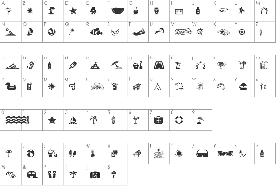 Summer Icons font character map preview