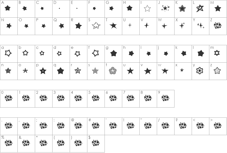 Super Stars font character map preview