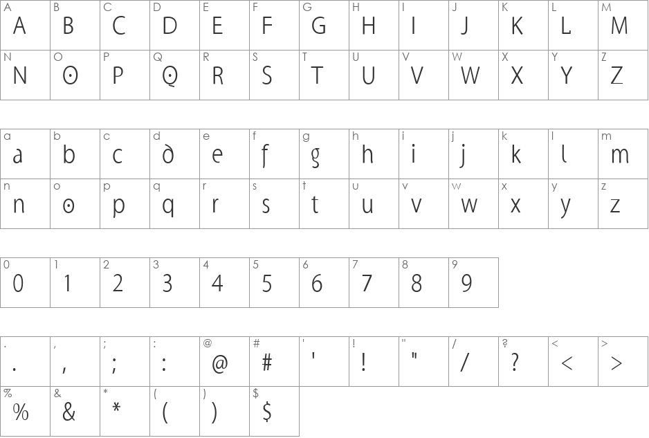 SuperSansCondLight font character map preview