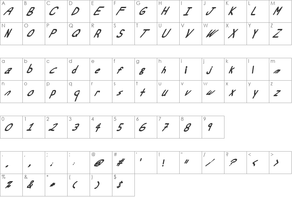 Swabby font character map preview