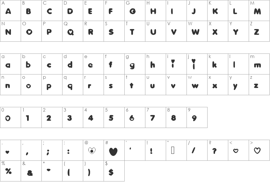 SweetLove font character map preview