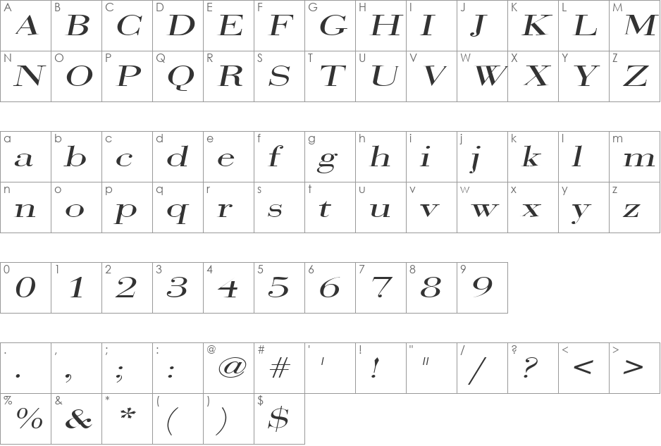 SweezExtended font character map preview
