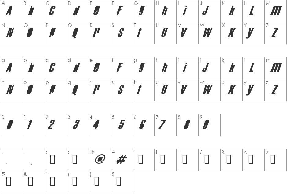 Swis AntiNormal Condensed font character map preview