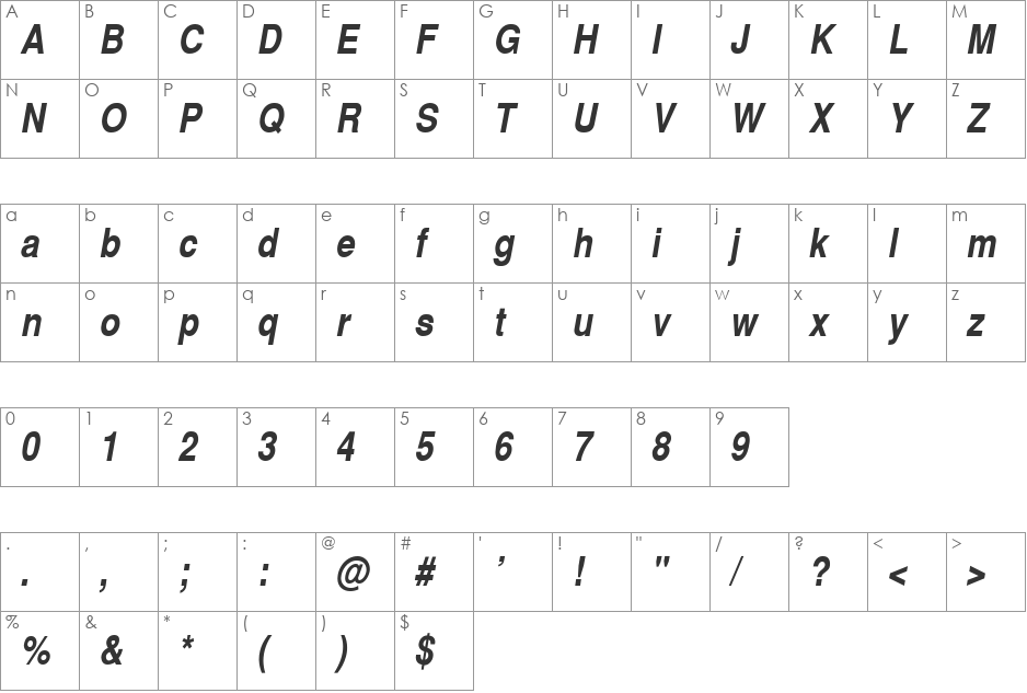 SwitzerlandNarrow font character map preview