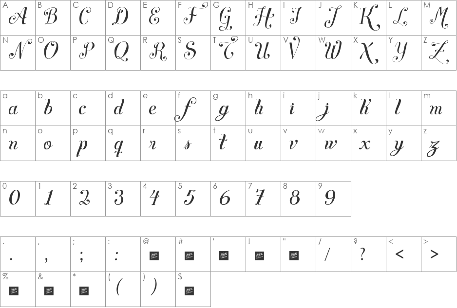 Symphony Script - personal use font character map preview